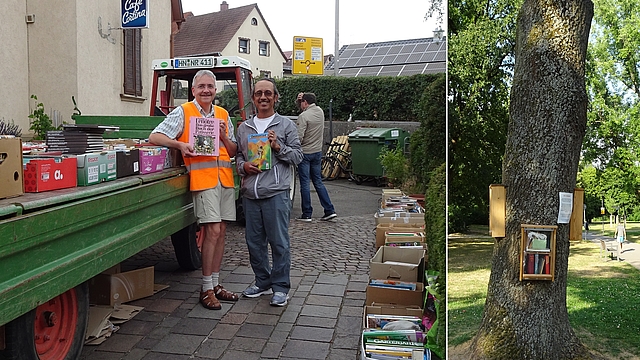Dr. Sigit Atmadi und ÖDP-Stadtrat Klaus Ries-Müller auf der Suche nach passenden Büchern für den Lesebaum